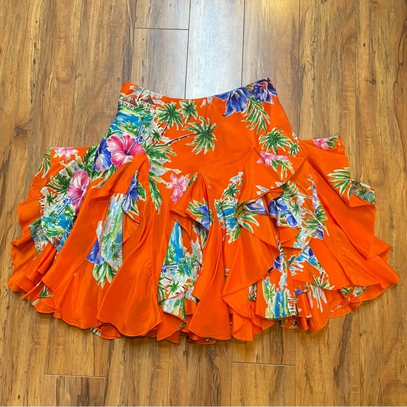 Vintage Ralph Lauren Layered Ruffle 100% Silk Tropical Floral Skirt Size 2 - Picture 5 of 16